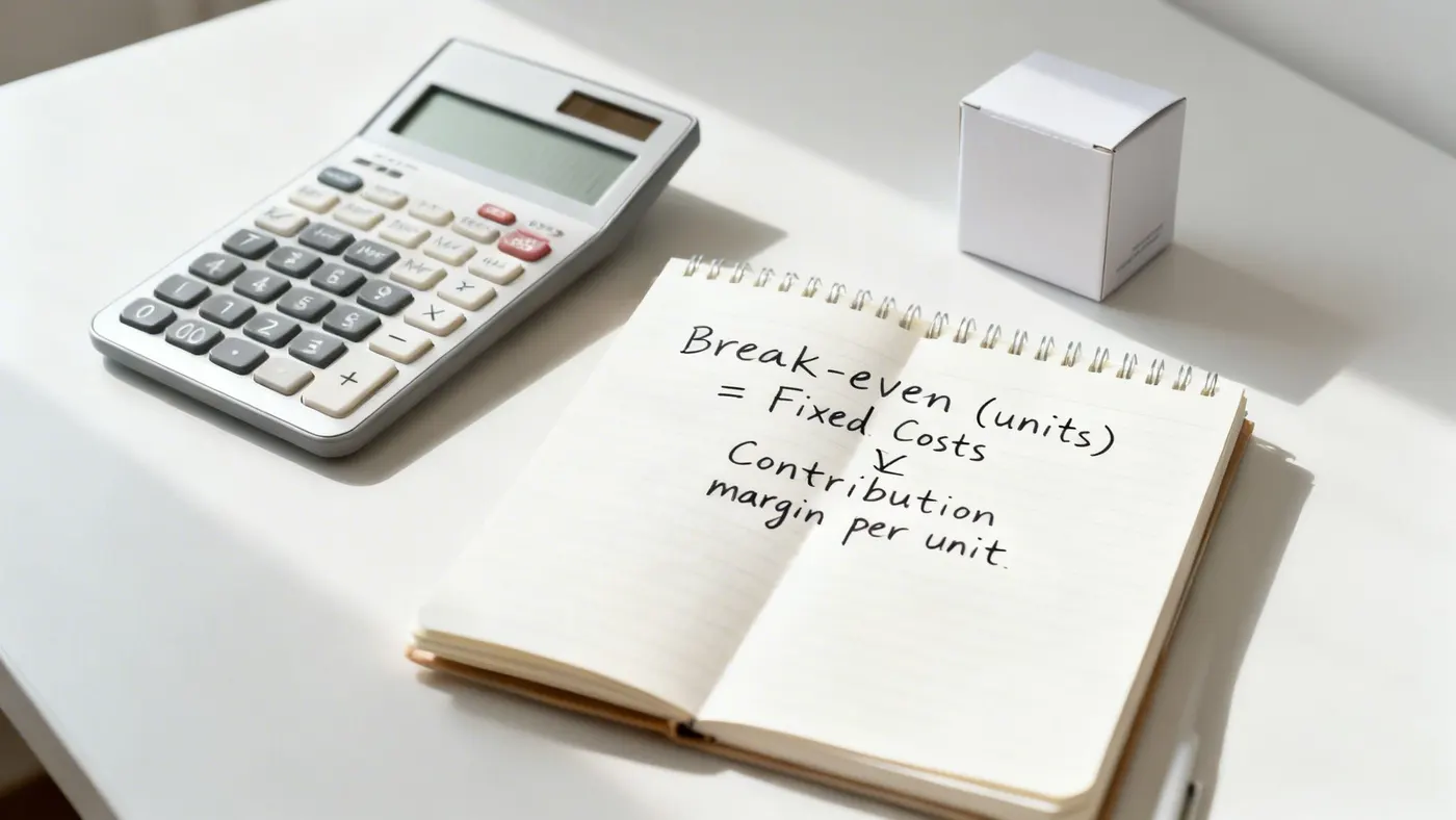 A calculator and notebook showing a break-even analysis formula.