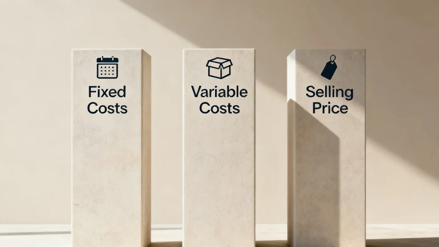 Three pillars labelled Fixed Costs, Variable Costs and Selling Price.