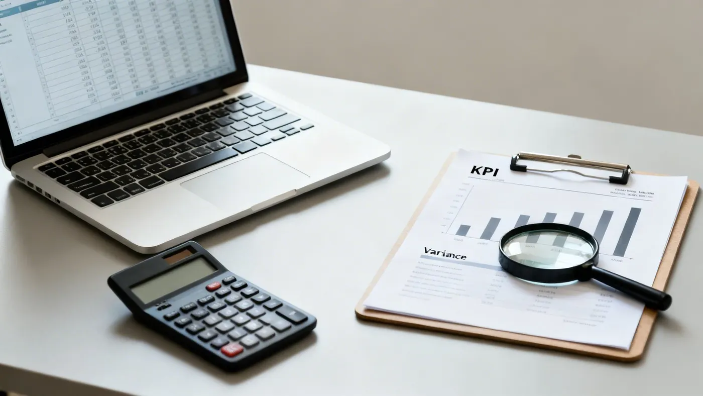 A desk with a laptop showing data, a calculator, a KPI report with a bar chart and a magnifying glass.