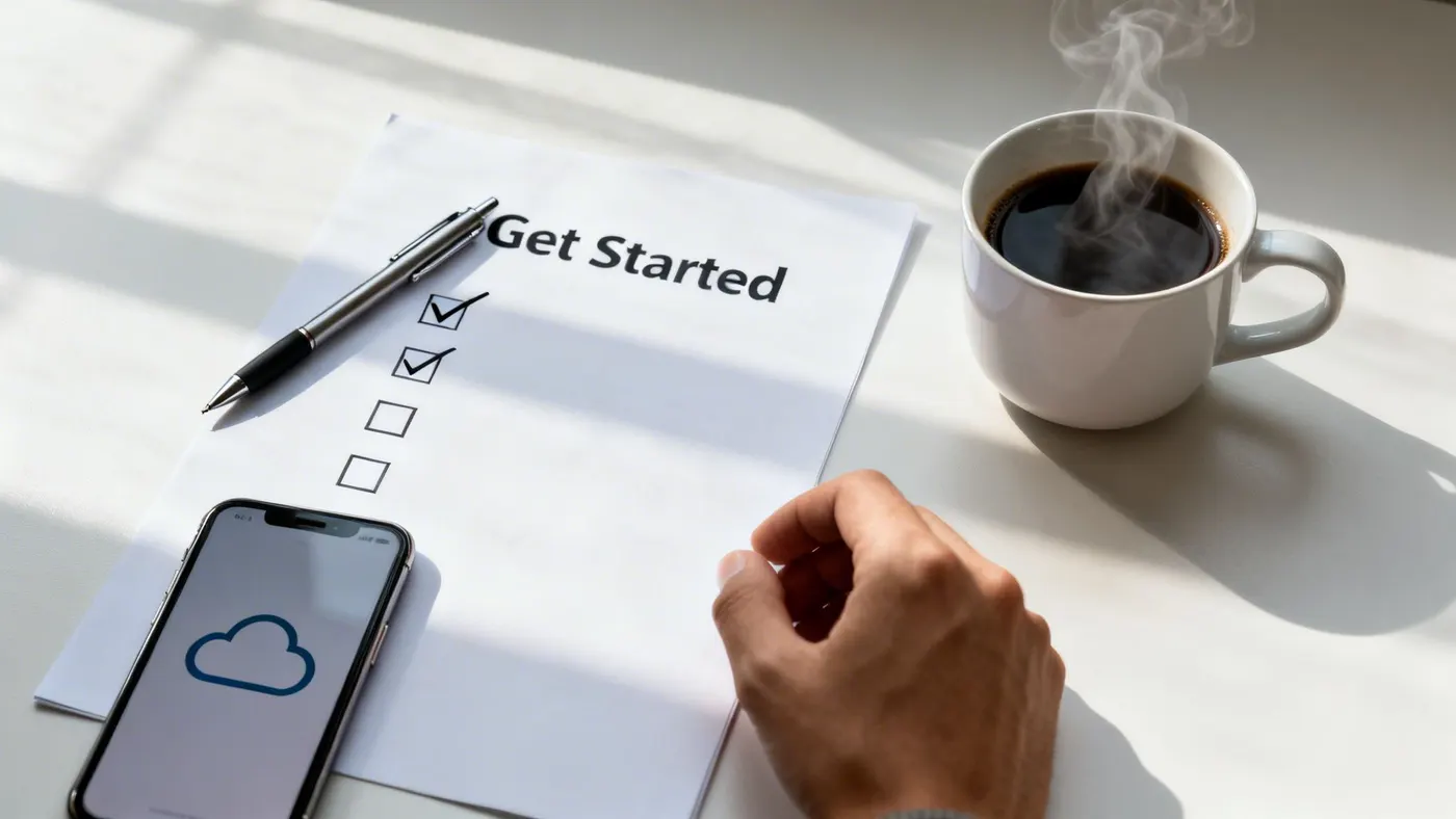 A hand beside a Get Started checklist, a smartphone and a coffee on a desk.