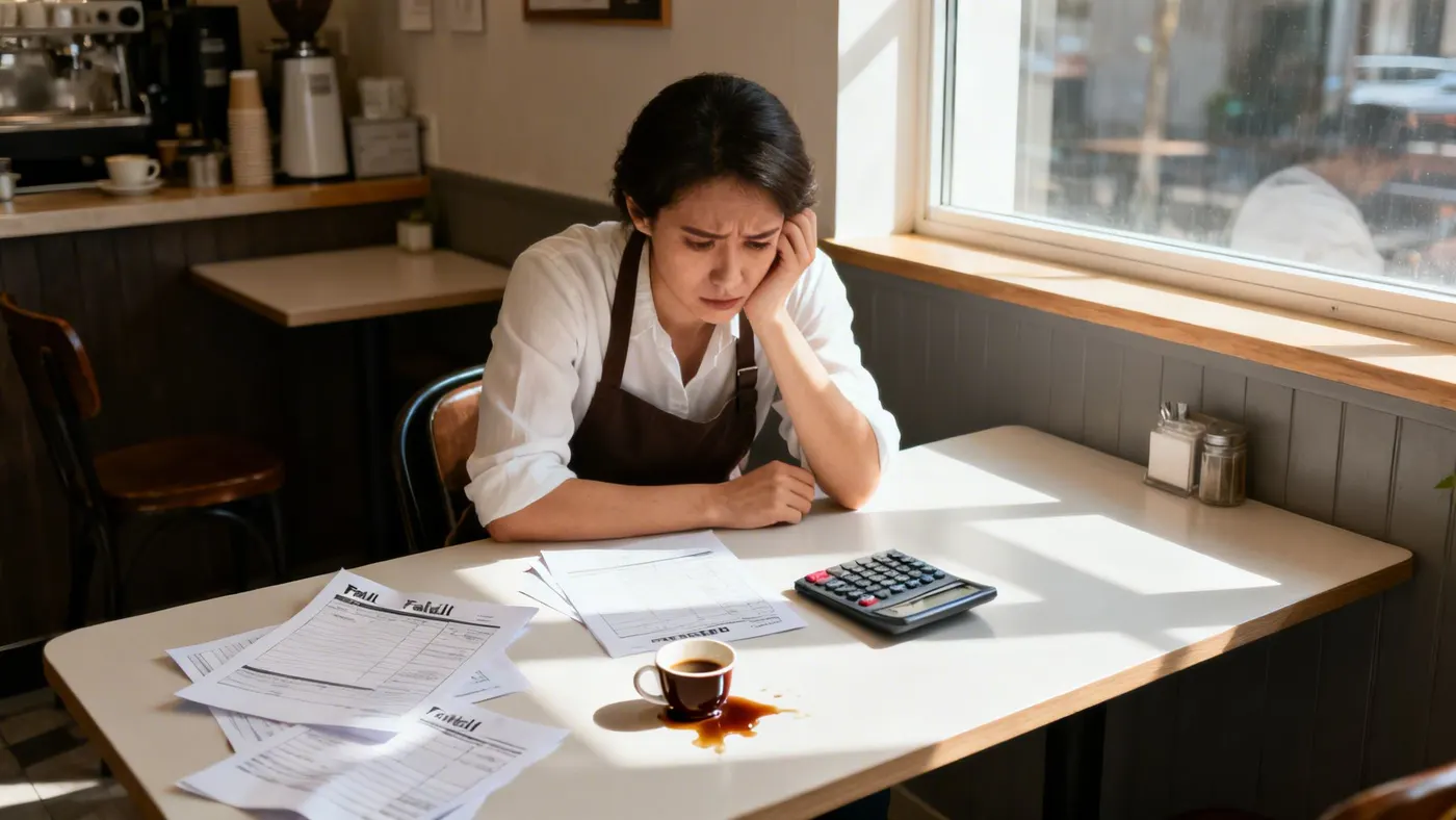 A café worker reviewing financial paperwork with a calculator.
