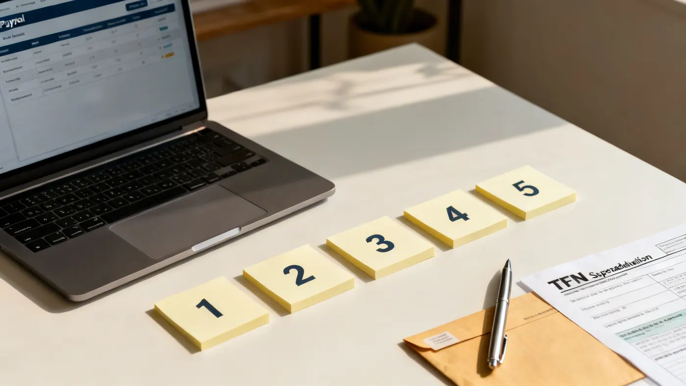 A laptop, numbered sticky notes and superannuation paperwork on a desk.