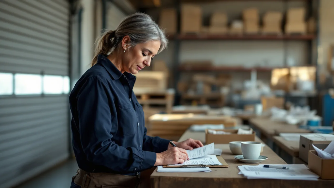 A business owner writing on a clipboard at a workbench in a small warehouse.
