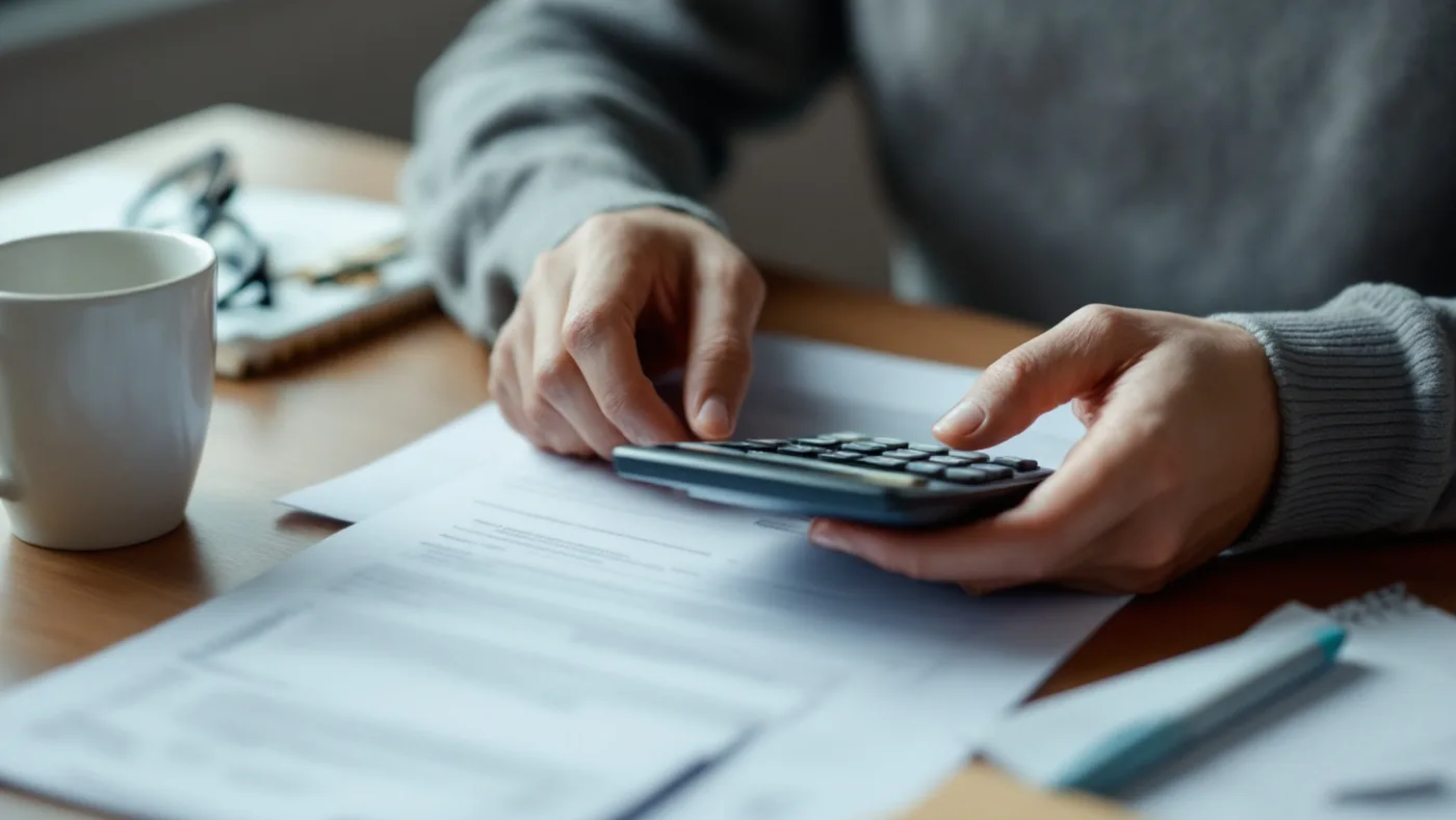 Hands working through a printed statement with a calculator at a desk.